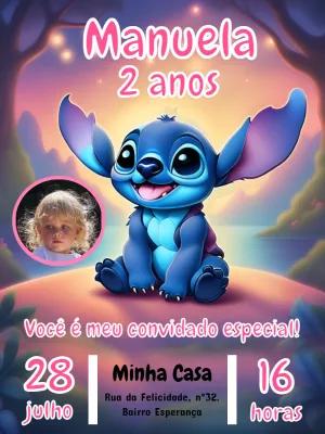 Convite Aniversário Stitch com Foto para Editar Online
