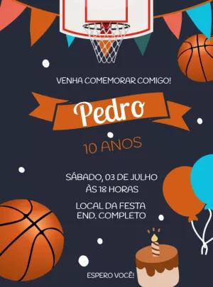 Convite de Aniversário Basquete com Bola e Cesta para Editar