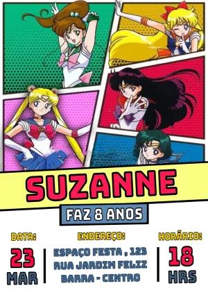Convite Aniversário Sailor Moon com Personagens para Editar