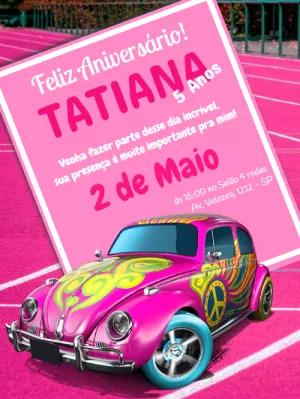 Convite Aniversário Fusca Rosa Hippie para Editar e Imprimir