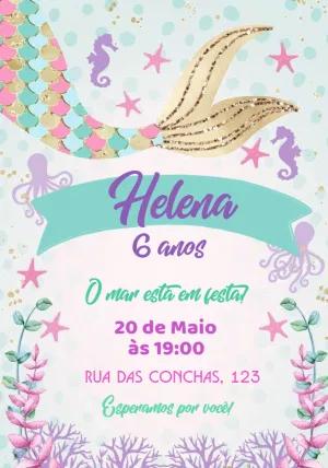 Convite de Aniversário Sereia Editável para Imprimir Online