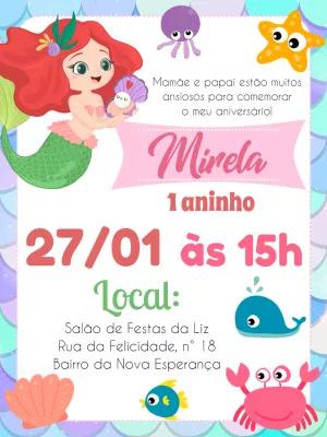 Convite de Aniversário Sereia Fofa com Animais para Editar Online