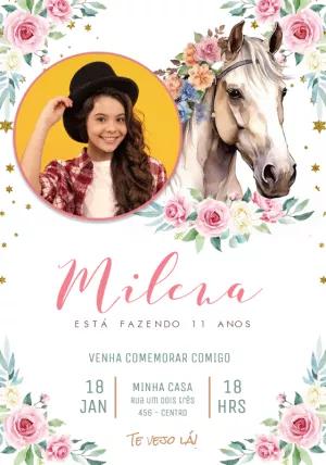Convite Aniversário Cavalo Floral com Foto para Editar Online