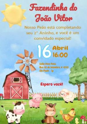 Convite Aniversário Fazendinha com Animais para Editar Online