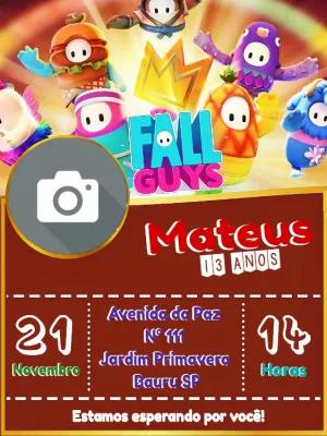 Convite de Aniversário Fall Guys com Foto para Editar Online