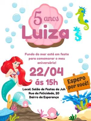 Convite Aniversário Sereia Ariel com Foto para Editar Online