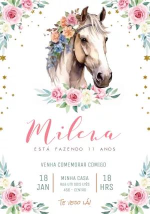 Convite Aniversário Cavalo Rosa Floral para Editar Online