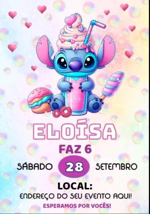 Convite Aniversário Stitch Rosa com Doces para Editar Online