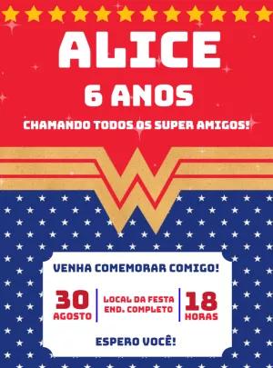 Convite Aniversário Mulher Maravilha para Editar Online