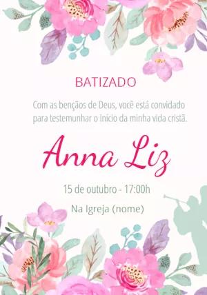 Convite de Batizado Floral Aquarela para Editar Online