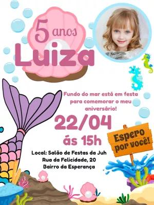 Convite Aniversário Sereia com Foto para Editar Online