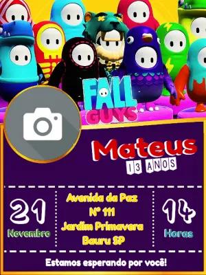 Convite Aniversário Fall Guys com Foto para Editar Online