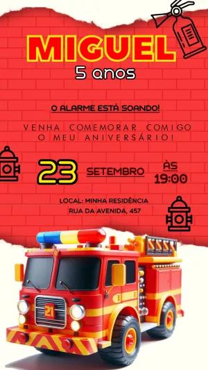 Convite de Aniversário Bombeiro com Caminhão para Editar Online