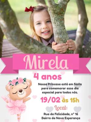 Convite Aniversário Ursinha Bailarina com Foto para Editar