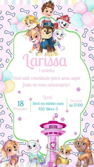 Convite Aniversário Patrulha Canina Rosa para Editar Online