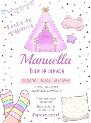 Convite Aniversário Festa do Pijama com Tenda para Editar Online