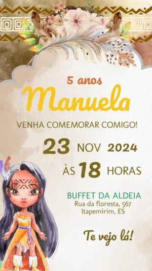 Convite Aniversário Pocahontas Aquarela para Editar Online