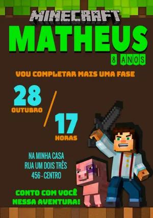Convite de Aniversário Minecraft com Personagens para Editar Online