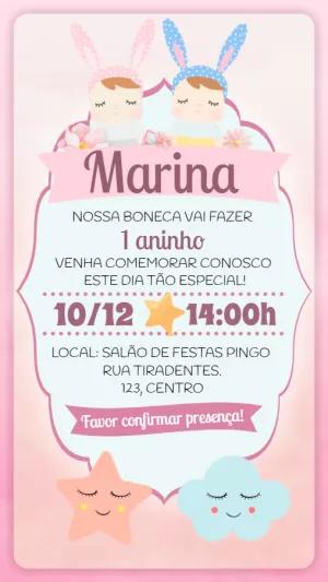 Convite Aniversário Boneca Metoo para Editar Online