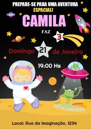 Convite Aniversário Astronauta Menina para Editar Online