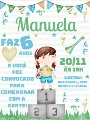 Convite Aniversário Futebol Menina Editável Online Tema Copa