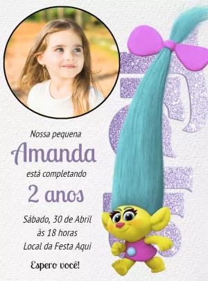 Convite Aniversário Trolls com Foto para Editar Online