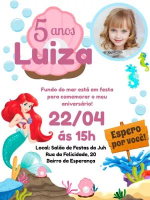 Convite Aniversário Sereia Ariel com Foto para Editar Online
