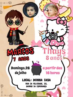 Convite Duplo Harry Potter e Hello Kitty para Editar Online