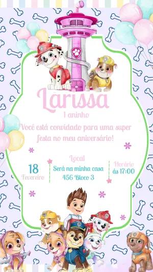 Convite Aniversário Patrulha Canina Rosa para Editar Online