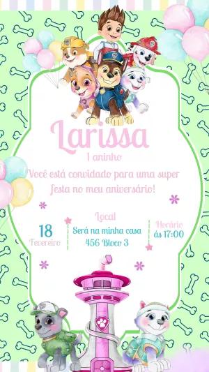 Convite Aniversário Patrulha Canina Rosa para Editar Online