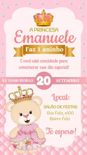 Convite Aniversário Ursinha Princesa para Editar Online
