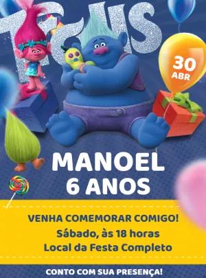 Convite de Aniversário Trolls com Personagens para Editar Online