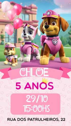 Convite de Aniversário Patrulha Canina Rosa para Editar Online