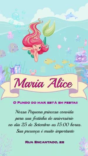 Convite de Aniversário Pequena Sereia para Editar Online