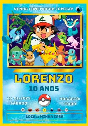 Convite de Aniversário Pokémon com Ash para Editar Online