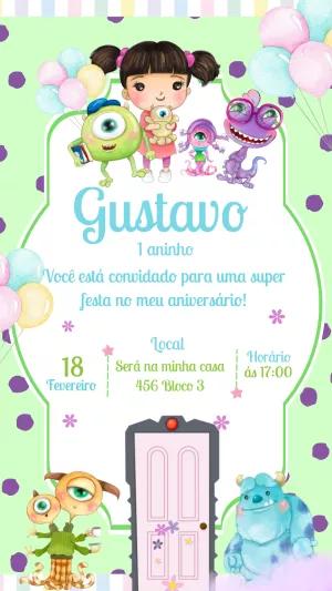 Convite Aniversário Monstros S.A. com Personagens para Editar