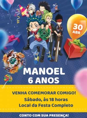 Convite de Aniversário Beyblade com Personagens para Editar Online