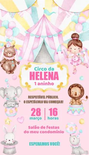 Convite Aniversário Circo Rosa com Animais para Editar Online