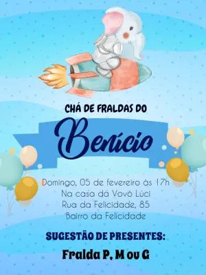 Convite Chá de Fraldas Elefante no Foguete para Editar