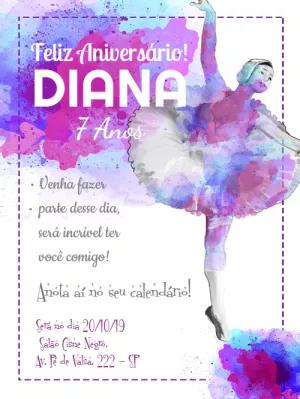 Convite de Aniversário Bailarina Aquarela para Editar Online