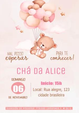 Convite Chá de Bebê Ursinha Baloeira para Editar Online