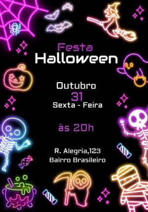 Convite Festa Halloween Neon com Ilustrações para Editar Online