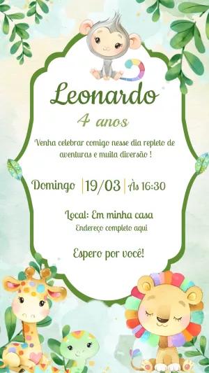 Convite Aniversário Safari Baby com Animais para Editar Online