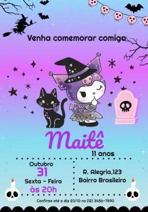 Convite Aniversário Kuromi Halloween para Editar Online