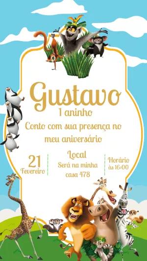 Convite de Aniversário Madagascar com Personagens para Editar