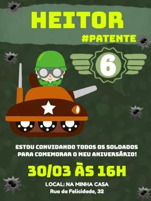Convite Aniversário Soldado com Tanque para Editar Online