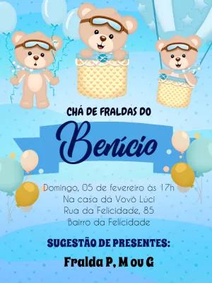 Convite Chá de Fraldas Ursinho Baloeiro para Editar Online