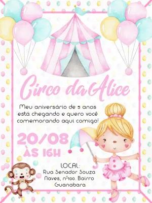 Convite Aniversário Circo Rosa com Menina para Editar Online