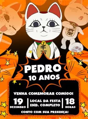 Convite de Aniversário Dandadan com Gatos da Sorte para Editar