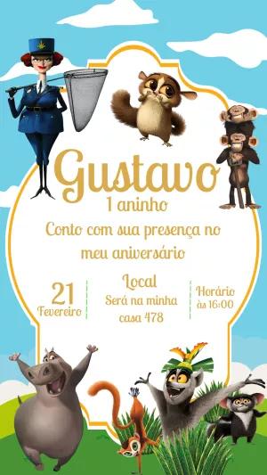 Convite de Aniversário Madagascar com Personagens para Editar